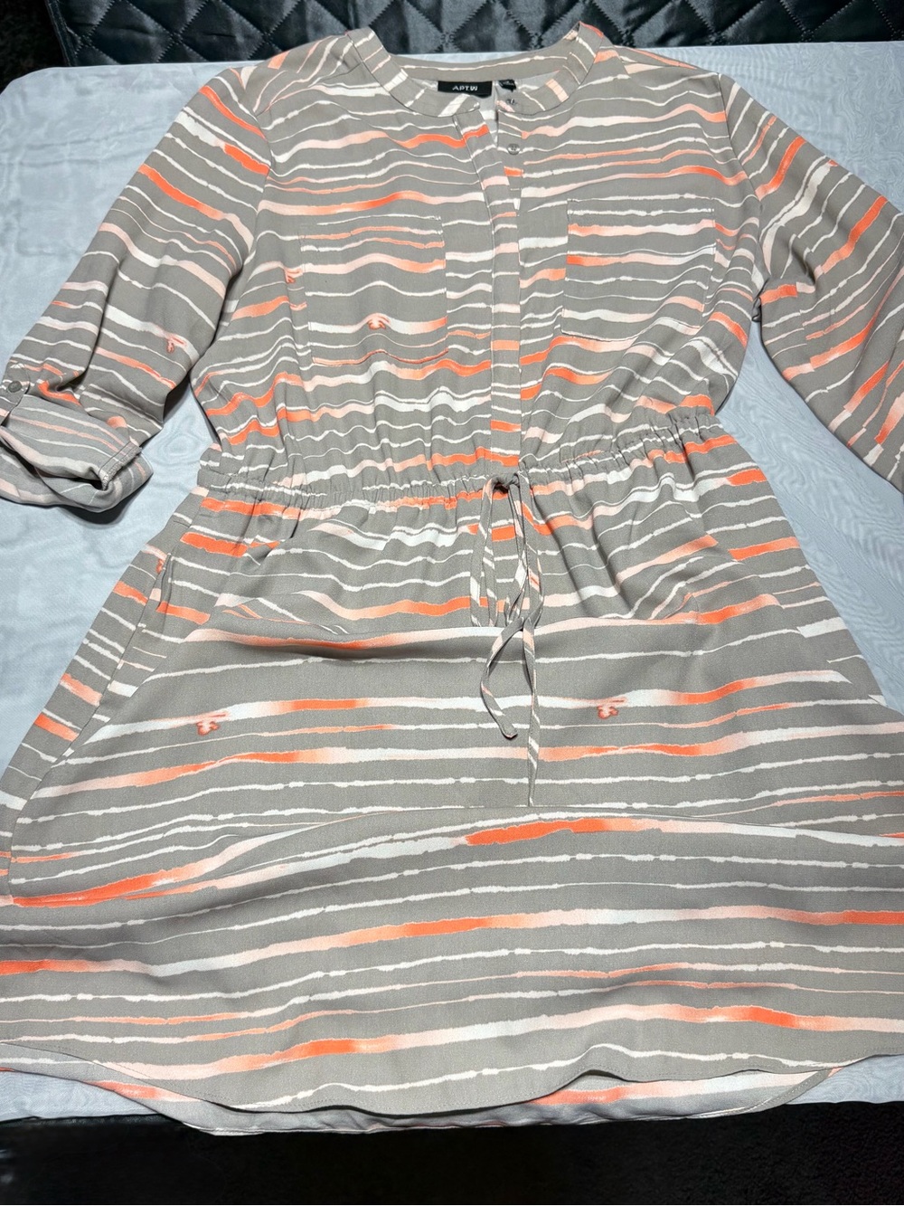 Apt. 9 Gray, Coral & White Striped‎ Drawstring Waist Long Sleeve Dress